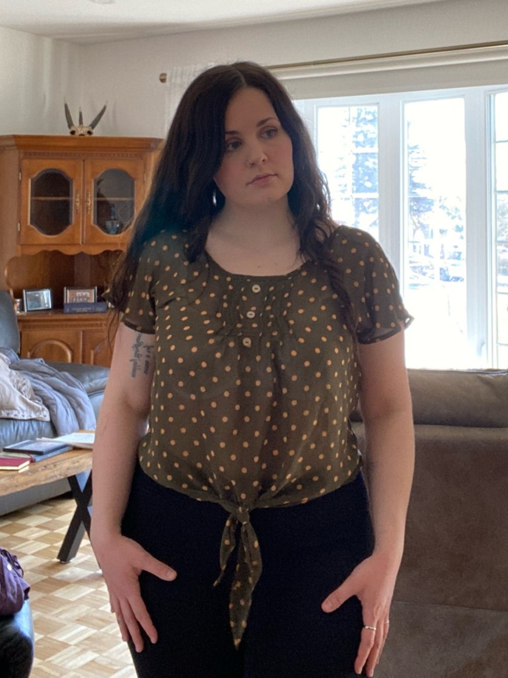 mine Olive Green Polka Dot Tie-Front Blouse